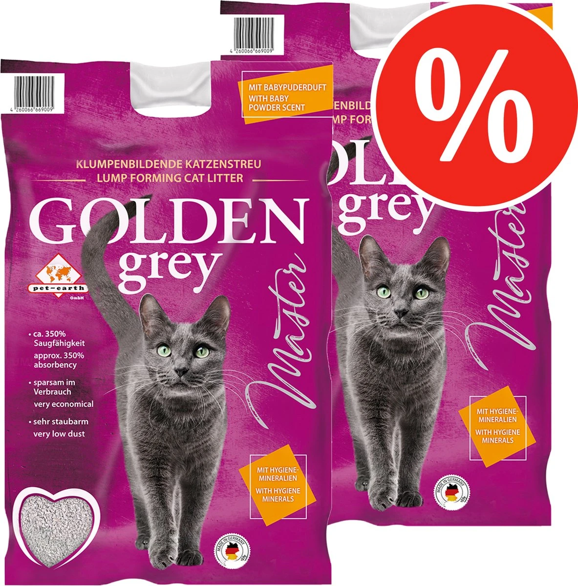 Merkloos Pet-Earth Golden Grey Master - Kattenbakvulling - Perfecte Klontvorming - 2 X 14 Kg 2 Merkloos Pet-Earth Golden Grey Master - Kattenbakvulling - Perfecte Klontvorming - 2 X 14 Kg