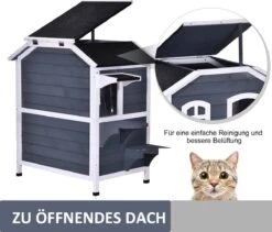PawHut Kattenhuis Voor Buiten Kattenhut Met 2 Verdiepingen Kattenvilla, Asfaltdak, Massief Hout Grijs D30-236 -Kattenbenodigdheden 1200x1026 2