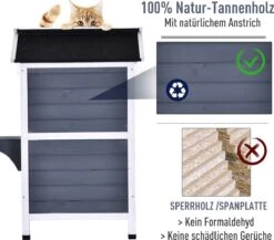 PawHut Kattenhuis Voor Buiten Kattenhut Met 2 Verdiepingen Kattenvilla, Asfaltdak, Massief Hout Grijs D30-236 -Kattenbenodigdheden 1200x1054 1