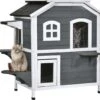 PawHut Kattenhuis Voor Buiten Kattenhut Met 2 Verdiepingen Kattenvilla, Asfaltdak, Massief Hout Grijs D30-236 -Kattenbenodigdheden 1200x1065 4