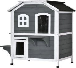 PawHut Kattenhuis Voor Buiten Kattenhut Met 2 Verdiepingen Kattenvilla, Asfaltdak, Massief Hout Grijs D30-236 -Kattenbenodigdheden 1200x1074 3
