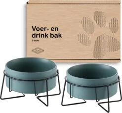 GIZMO 2x Voerbak Kat - 400 Ml - Groen - Keramische Drink- & Voerbakken Met Standaard - 13 Cm - 2 Stuks -Kattenbenodigdheden 1200x1109