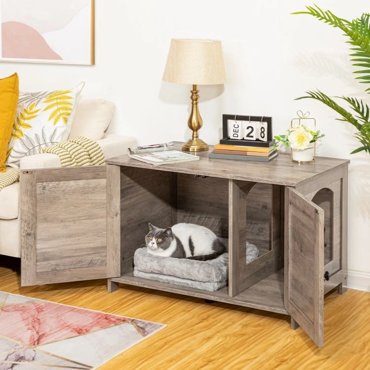 Kattenhuis Met Dubbele Deurtjes - Kattenkast Met Ruimte Voor Kattenbak - Kist Met Grote Opbergruimte - Bruikbaar Als Bank &bijzettafel - Voor In Slaapkamer & Gang - Greige 7 Kattenhuis Met Dubbele Deurtjes - Kattenkast Met Ruimte Voor Kattenbak - Kist Met Grote Opbergruimte - Bruikbaar Als Bank &bijzettafel - Voor In Slaapkamer & Gang - Greige - Afbeelding 5