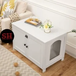 Merkloos Signature Home Wittykitty Kattenbak - Kattenkast - Kattenbakkast - Kattenhuis Met Deur En Aparte Scheidingswand - Kattenbak Opbergdoos - Wit - 80 X 54 X 50.5 Cm -Kattenbenodigdheden 1200x1200 364