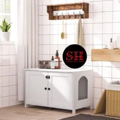 Merkloos Signature Home Wittykitty Kattenbak - Kattenkast - Kattenbakkast - Kattenhuis Met Deur En Aparte Scheidingswand - Kattenbak Opbergdoos - Wit - 80 X 54 X 50.5 Cm -Kattenbenodigdheden 1200x1200 365