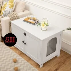 Merkloos Signature Home Wittykitty Kattenbak - Kattenkast - Kattenbakkast - Kattenhuis Met Deur En Aparte Scheidingswand - Kattenbak Opbergdoos - Wit - 80 X 54 X 50.5 Cm -Kattenbenodigdheden 1200x1200 366