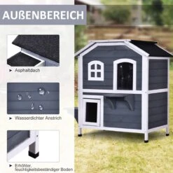 PawHut Kattenhuis Voor Buiten Kattenhut Met 2 Verdiepingen Kattenvilla, Asfaltdak, Massief Hout Grijs D30-236 -Kattenbenodigdheden 1200x1200 653