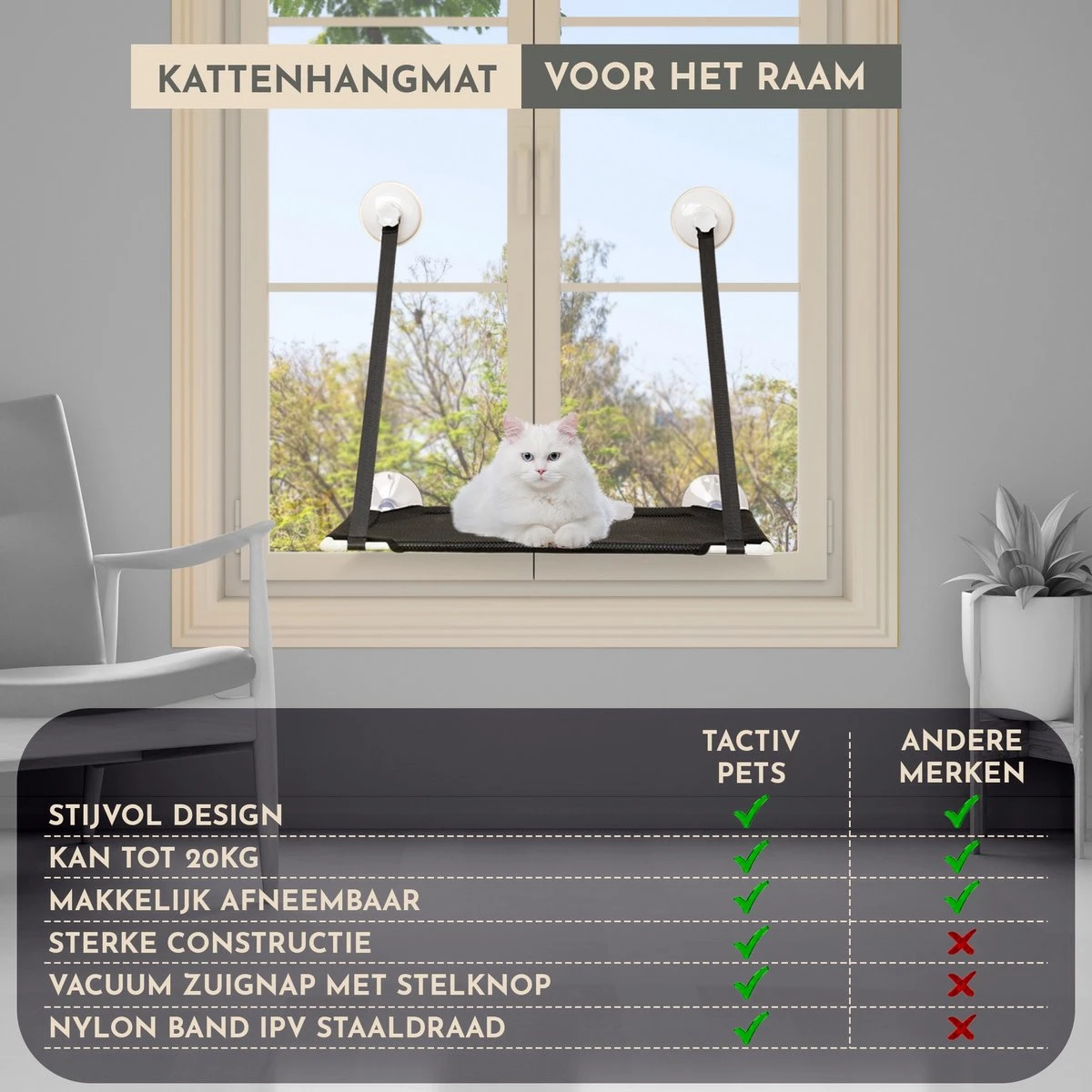 TACTIV PETS® Kattenhangmat | Hangmat Kat | Kattenhangmat Raam | Kattenmand 6 TACTIV PETS® Kattenhangmat | Hangmat Kat | Kattenhangmat Raam | Kattenmand - Afbeelding 4