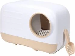 Merkloos PETLUX® XL Kattenbak Retro Design Met Lade, Schep En Opbergruimte - Grote Kattenbak - Kaki -Kattenbenodigdheden 1200x904