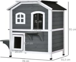 PawHut Kattenhuis Voor Buiten Kattenhut Met 2 Verdiepingen Kattenvilla, Asfaltdak, Massief Hout Grijs D30-236 -Kattenbenodigdheden 1200x983 3