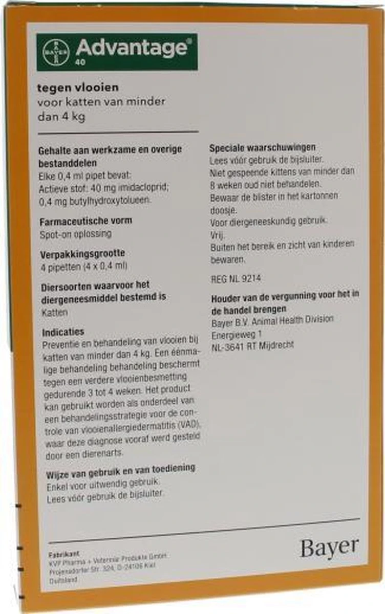 Bayer Advantage 40 Tegen Vlooien - <4kg - 4 X 0,4 Ml - Adult 11 Bayer Advantage 40 Tegen Vlooien - <4kg - 4 X 0,4 Ml - Adult - Afbeelding 9